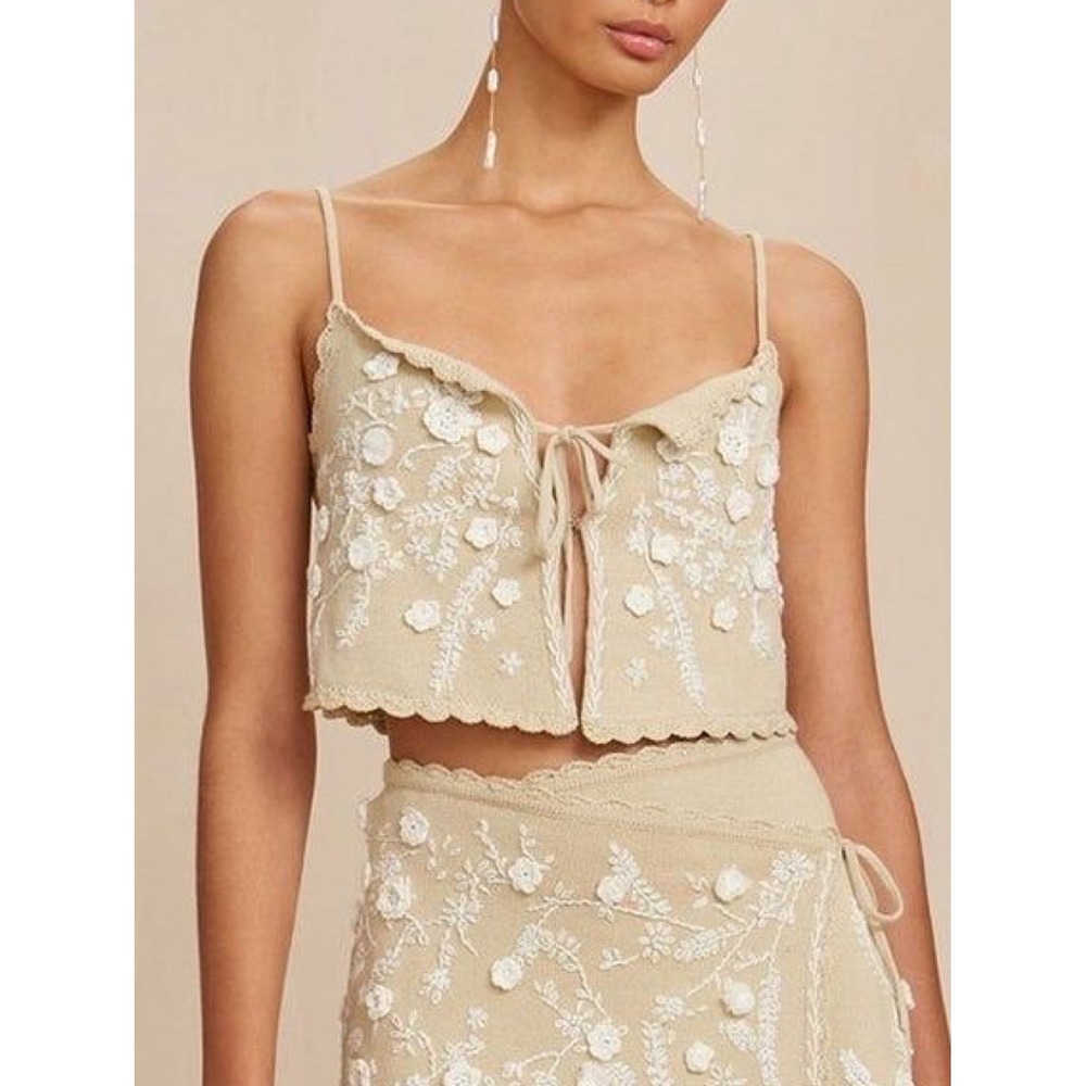 Cult Gaia Tiffanie Knit Top Beach Combo Floral Embroidered Tie Front Cami NWT M